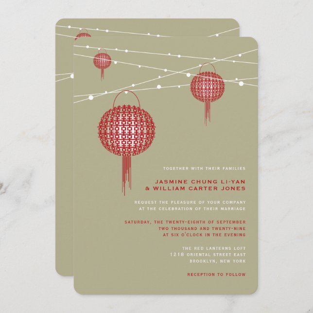 Convite Lanternas Vermelhas da Dupla Felicidade Chic Casam (Frente/Verso)