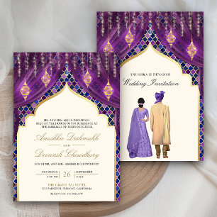 Convite Lanterns Dourados Casal Indiano Roxo Casamento