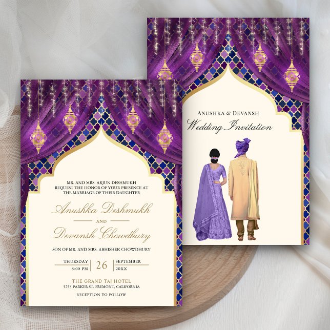 Convite Lanterns Dourados Casal Indiano Roxo Casamento (Criador carregado)