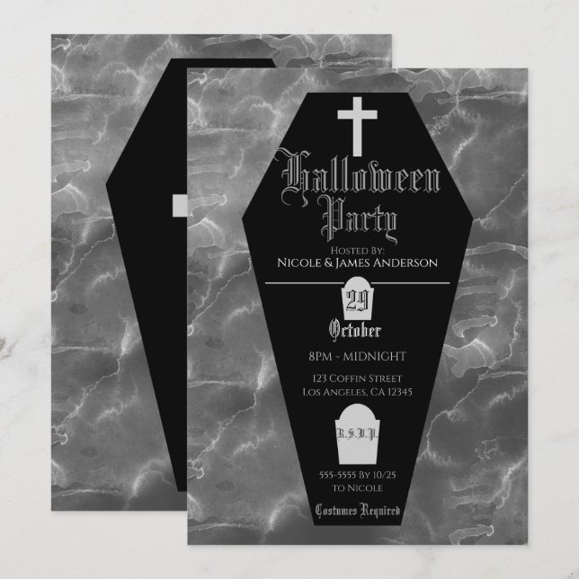 Convite Lápide de Caixão Preto Festa de Halloween Gótica (Frente/Verso)