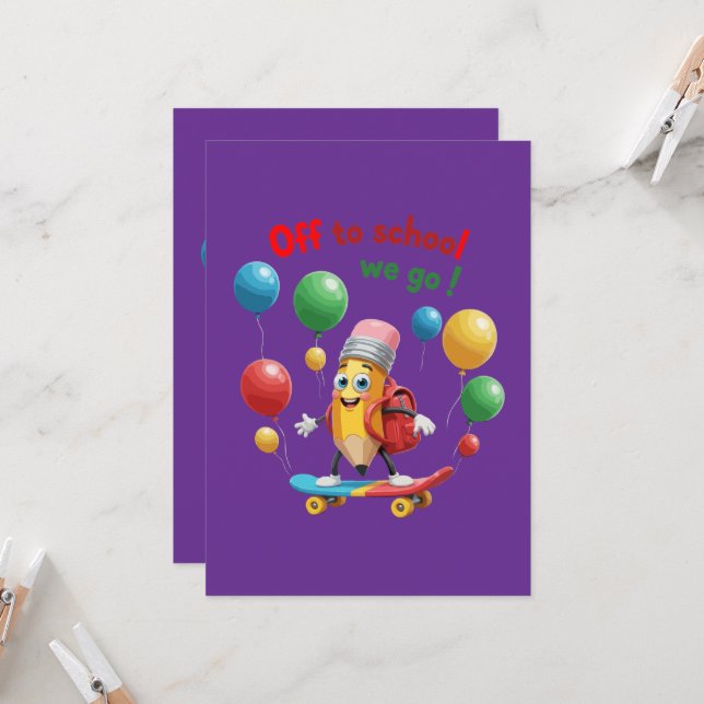 Convite Lápis Fofo em Skate | Diversão de Volta às Aulas (Frente/Verso In Situ)