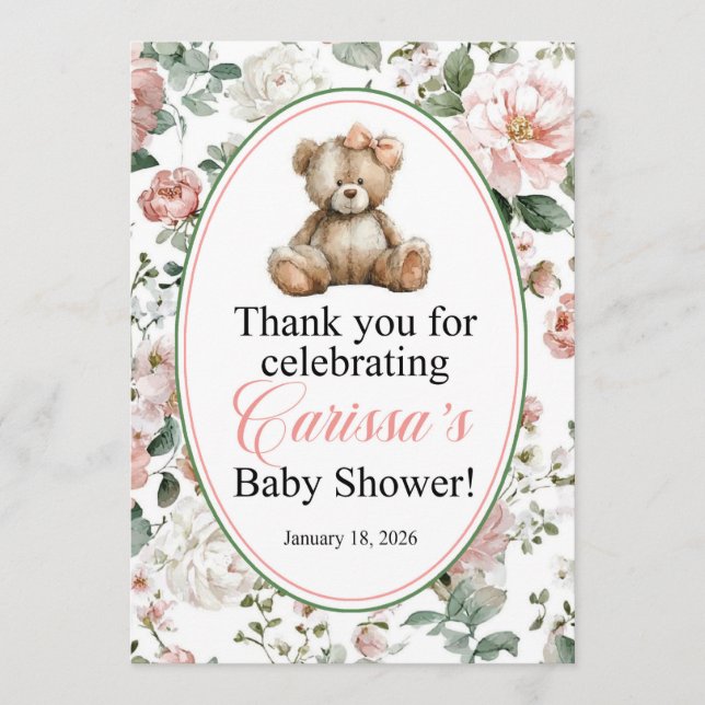 Convite LAQUITA teddy bear Baby Shower sign for Carissa (Frente)