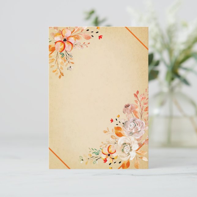 Convite Laranja aquarela floral em pergaminho casamento in (Em pé/Frente)