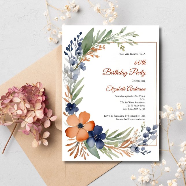 Convite Laranja Azul Aquarela Floral 60º Aniversário (Rust Orange Blue Florals with Greenery Watercolor 60th Birthday Invitation for her)