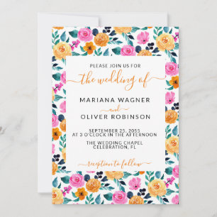 Convite Laranja Azul Rosa Simples Floral Elegante Script