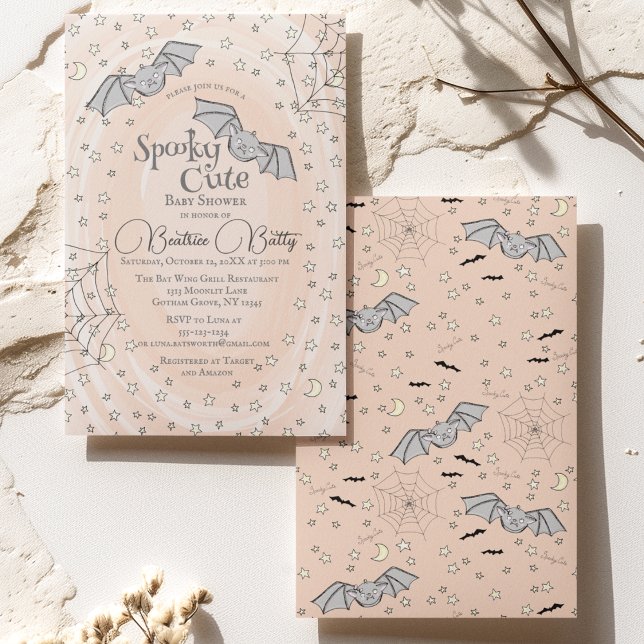 Convite Laranja Bats Spooky Chá de fraldas Bonito (Spooky Cute Baby Bats Halloween Baby Shower Orange Invite. Adorable Baby Bats Flying, Stars, Webs)