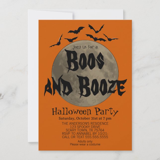 Convite Laranja Black Boos e Booze Halloween (Frente)