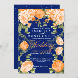 Convite Laranja Botânica e Casamento Floral Azul Marinho