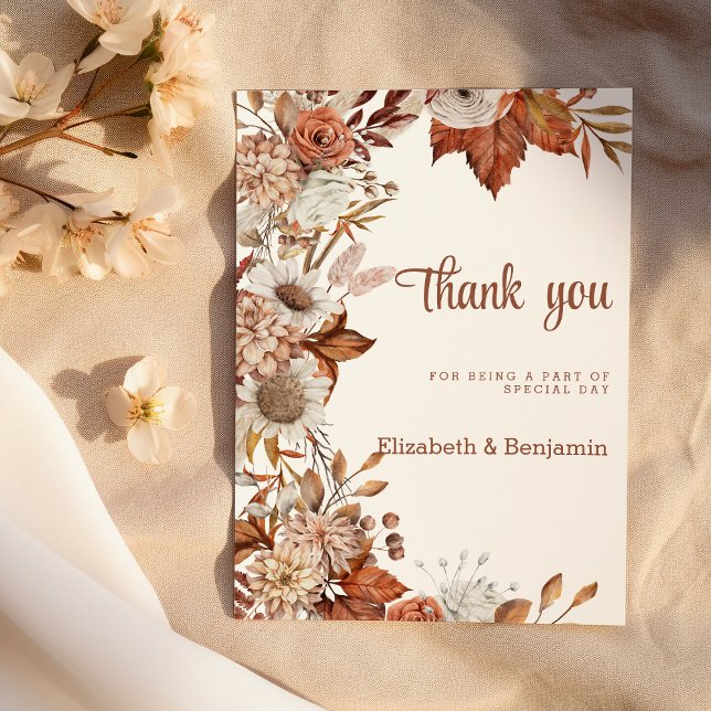 Convite Laranja branco castanho queda floral rústica Obrig (Brown white orange fall floral rustic Thank You)