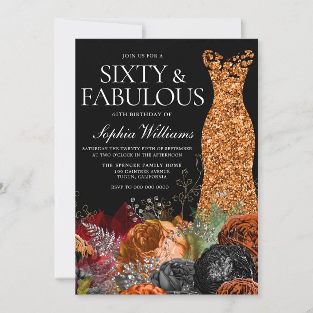 Convite Laranja Brilho e Floral Queda 60ª Festa de anivers (Frente)