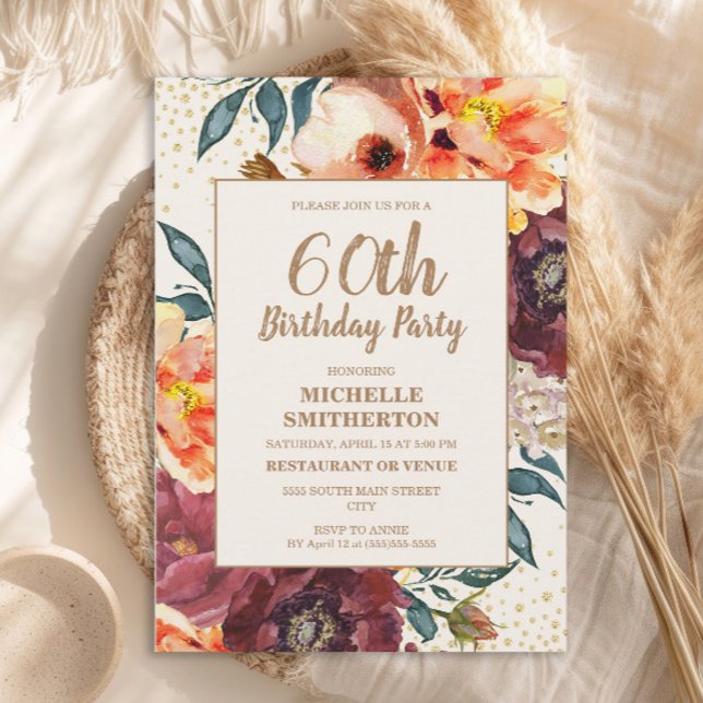 Convite Laranja Burgundy Queda Floral Dourada Glitter 60º (Orange and burgundy watercolor floral 60th birthday party invitation)