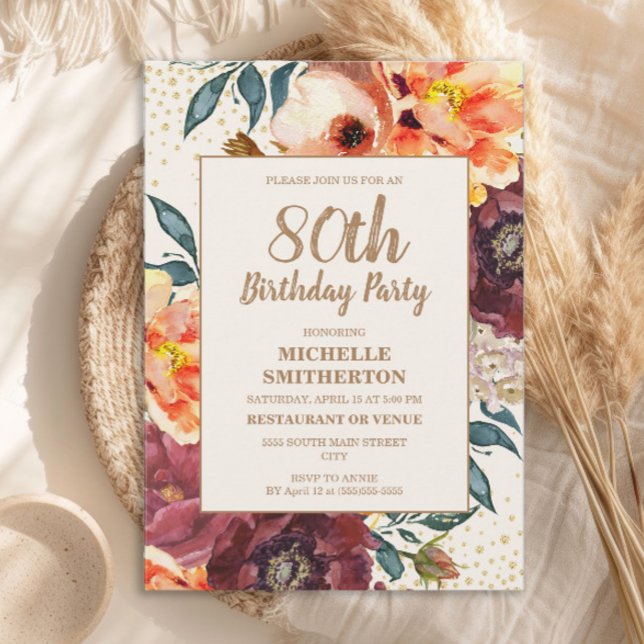 Convite Laranja Burgundy Queda Floral Dourada Glitter 80 (Orange and burgundy watercolor floral 80th birthday party invitation)