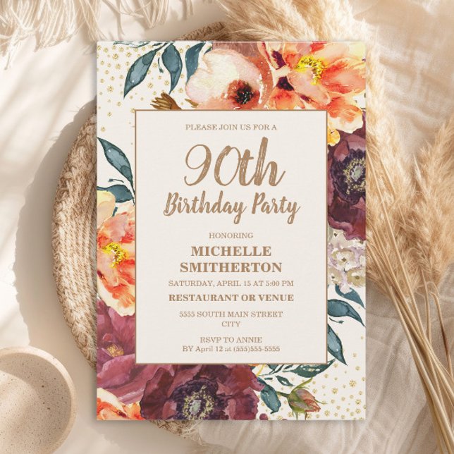 Convite Laranja Burgundy Queda Floral Dourada Glitter 90 (Orange and burgundy watercolor floral 90th birthday party invitation)