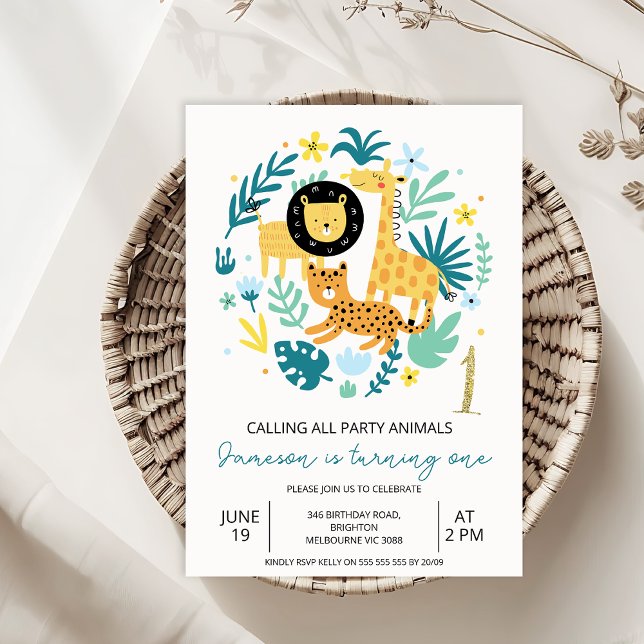 Convite Laranja-Cachorro Chamando Todos os Animais de Fest (Calling All Party Animals Safari 1st Birthday Invitation Baby Boy,
Safari Wild One Birthday Invite)