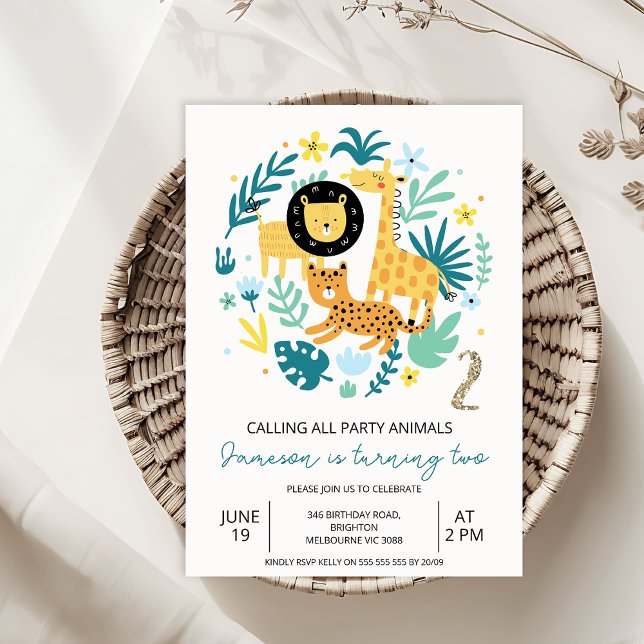 Convite Laranja-Cachorro Chamando Todos os Animais de Fest (Safari Party Animals 2nd Birthday Invitation Template, Jungle Animals Two Wild 2nd Birthday Invite)