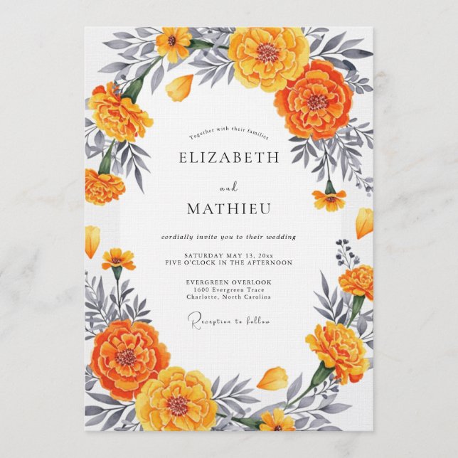 Convite Laranja Calendula Flor Romântico Casamento (Frente)