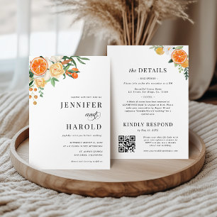 Convite Laranja Citrus Floral Mínimo Tudo em Um Casamento