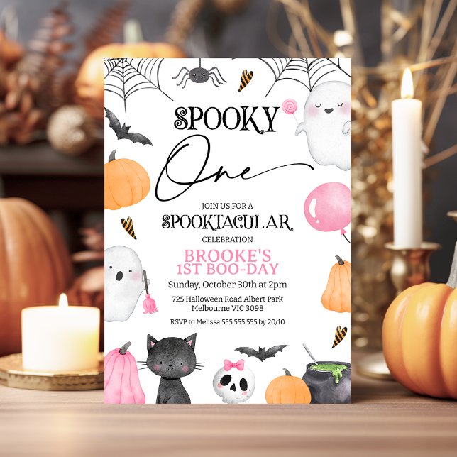 Convite Laranja Cor-de-rosa, Spooky, Um primeiro aniversar (Girls Halloween Spooky One 1st Birthday Invitation, Spooktacular Halloween First Birthday Invite,)