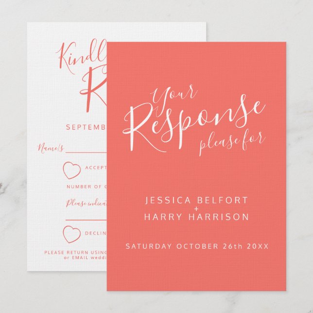 Convite Laranja coral vivo coração branco casamento respos (Frente/Verso)