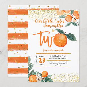 Convite Laranja Cutie Segundo Aniversário Dourado Glitter