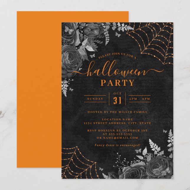 Convite Laranja Dark Spooky Floral Cobwebs Festa de Hallow (Frente/Verso)