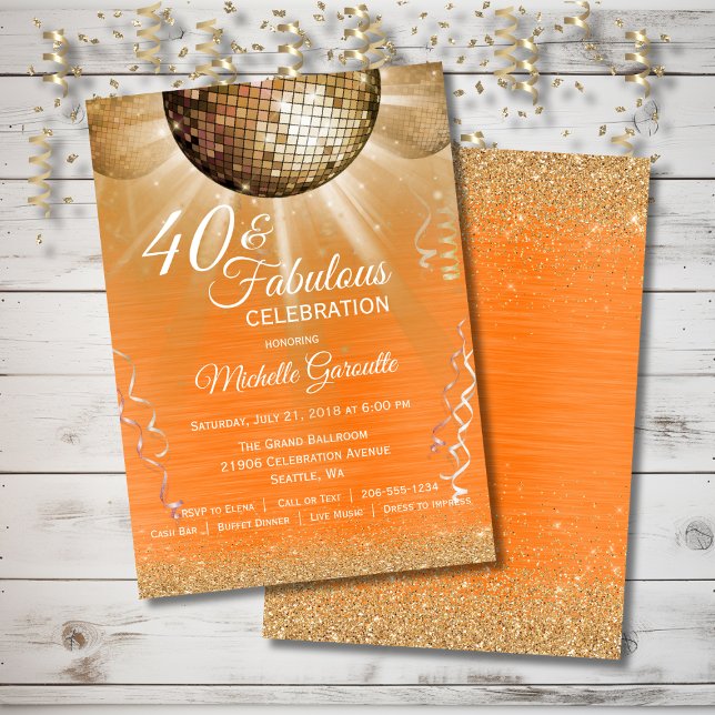 Convite Laranja Dourada Glam 40 e Fabuloso Disco Aniversár (Orange Gold Glam 40 and Fabulous Disco Birthday Invitation)