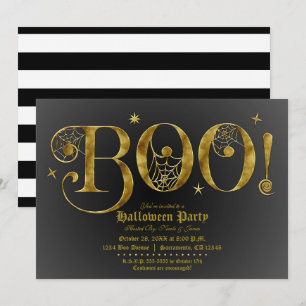 Convite Laranja Dourado BOO Fantasia Elegante de Halloween