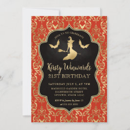 Convite Laranja Dourado Bruxa e Morcegos Damask 21º Aniver