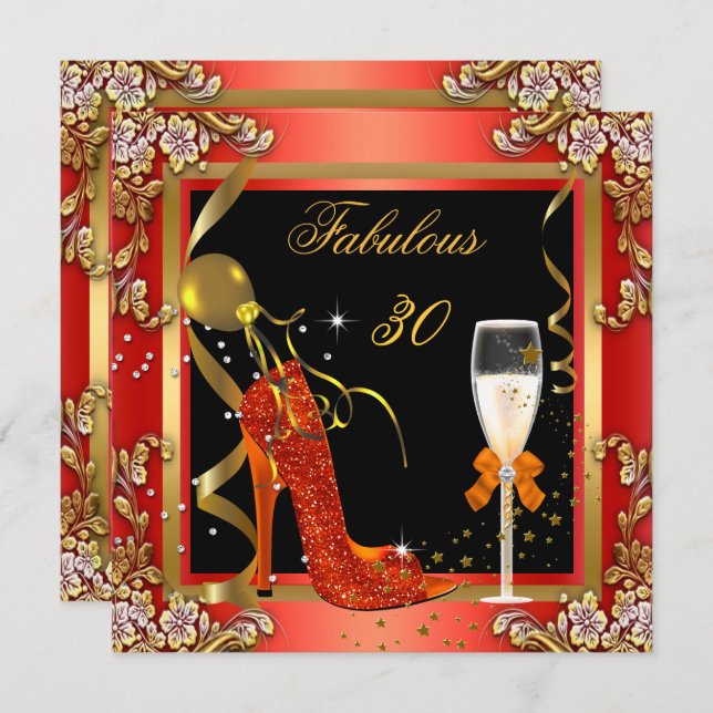 Convite Laranja Dourado Fabuloso 30 Festa de aniversário 2 (Frente/Verso)