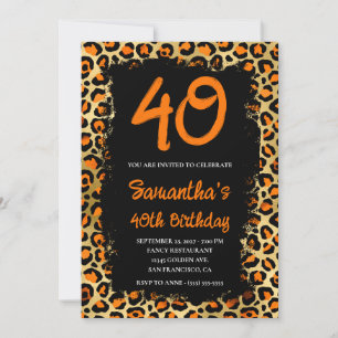 Convite Laranja Dourado Leopardo Pintado de Preto Aniversá