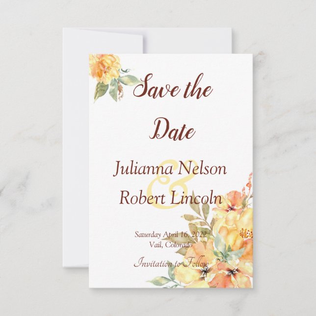 Convite Laranja e amarelo aquarela floral salvar a data (Frente)
