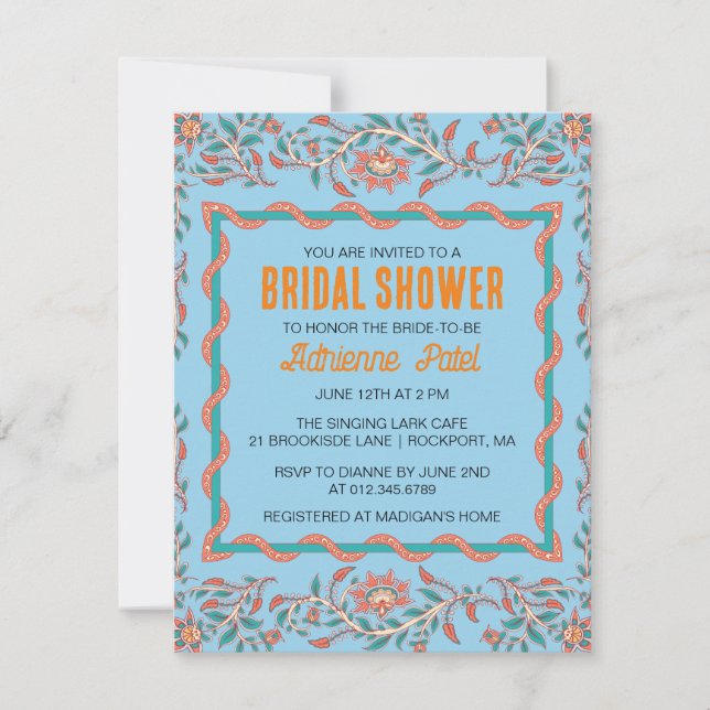 Convite Laranja e Azul Aqua Chá de panela Floral Invitati (Frente)
