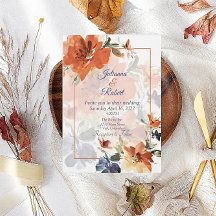 Laranja e azul aquarela floral de casamento de out
