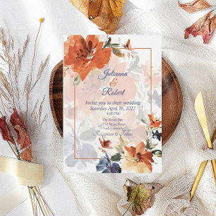 Convite Laranja e azul aquarela floral de casamento de out