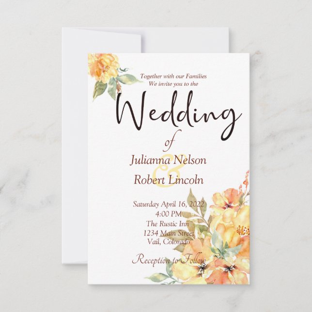 Convite Laranja e cor d'água amarela, invita floral (Frente)