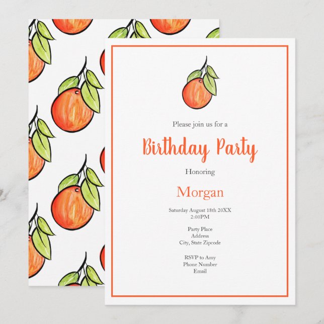 Convite Laranja e Padrão de Aquarela e Tinta (Frente/Verso)