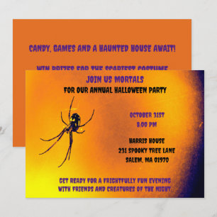 Convite Laranja e preto Halloween Aranha Negra Assustadora