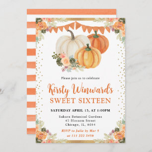 Convite Laranja e Pumpkins Floral Branco Queda Doce 16