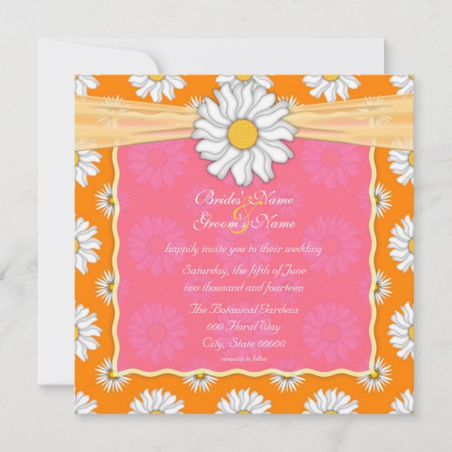 Convite Laranja e Rosa e Margarida Floral Branca Quadrada (Frente)