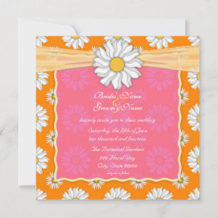 Convite Laranja e Rosa e Margarida Floral Branca Quadrada