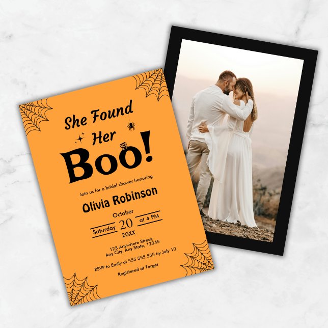 Convite Laranja Ela Encontrou Seu Chá de panela De Boo Hal (Orange Photo She Found Her Boo Halloween Bridal Shower Invitation   )
