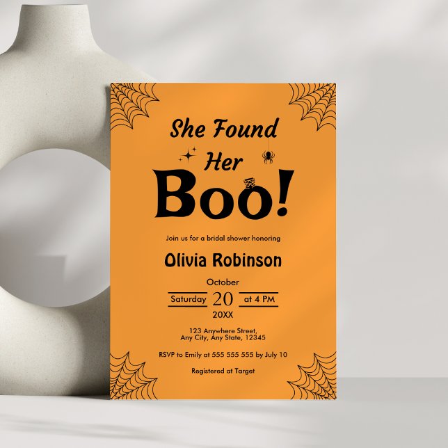 Convite Laranja Ela Encontrou Seu Chá de panela De Boo Hal (Orange She Found Her Boo Halloween Bridal Shower Invitation )