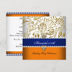 Convite Laranja Elegante Azul Naval Dourado Damasco Pérola
