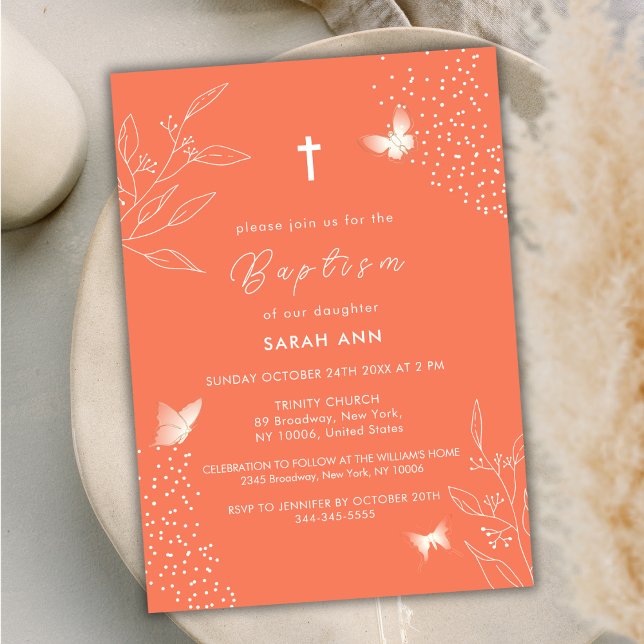 Convite Laranja Elegante deixa borboleta atravessando bati (Orange Elegant Leave Butterfly Cross Baptism Invitation)