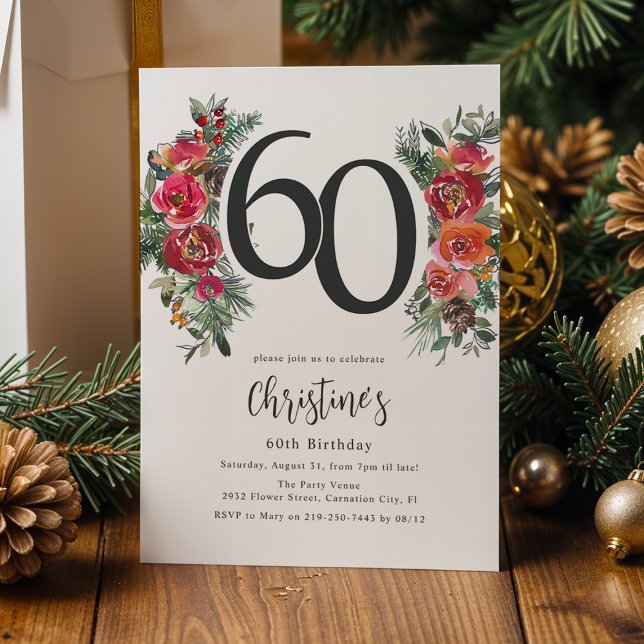 Convite Laranja Elegante e Floral Vermelho 60º Aniversário (Criador carregado)