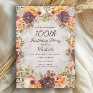 Convite Laranja Ferrugem Borgonha Floral Aniversário de 10
