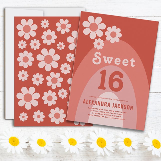 Convite Laranja-Festa de aniversário 16 Retro Doce (Sweet 16 Retro vintage daisy arch peach orange 16th birthday party with groovy typography )