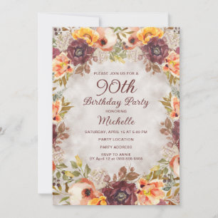 Convite Laranja Floral Ferrugem Borgonha Aniversário de 90