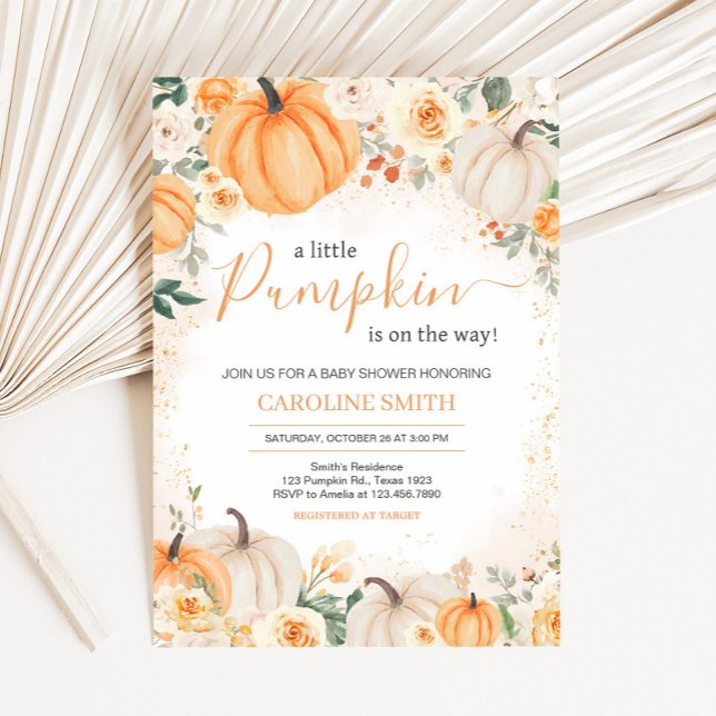 Convite Laranja Floral Verde Pequeno Chá de fraldas de Abó (Greenery Floral Pumpkin Invitation
)