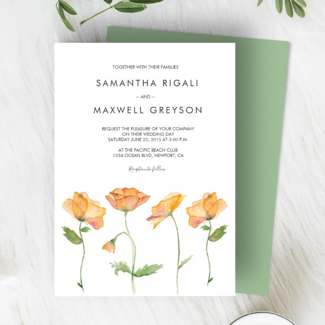 Convite Laranja Floral Watercolor Poppies Casamento (Criador carregado)